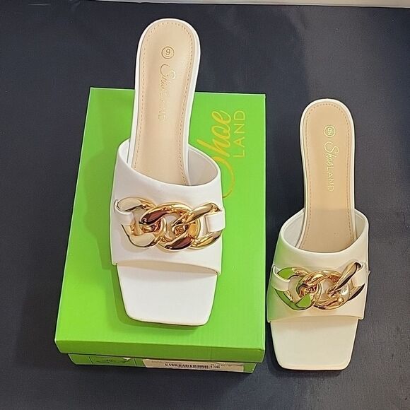 BRAND NEW SHOELAND SQUARE TOE SLIP-ON FOOT OPEN TOE GOLD CHAIN LINKING S… - Picture 15 of 16